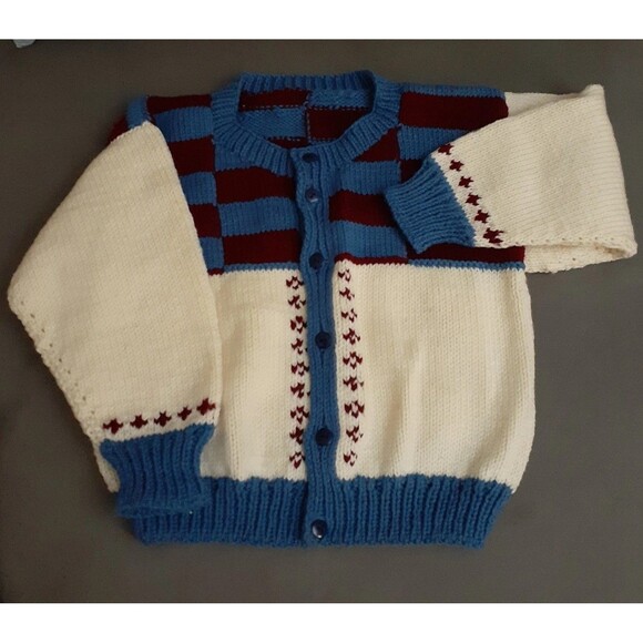 Hand Knitted  Cardigan Child Sweater Blue Maroon White Pattern Hand Handmade M L - Picture 1 of 8
